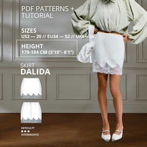 Dalida Skirt Sewing Pattern PDF Lace Trim Mini Skirt Pattern Satin Slip Skirt Sewing Pattern Women's Skirt PDF EU 34–52  Height 178-184 cm