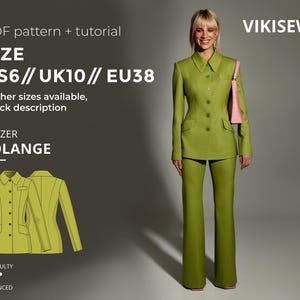 Puede incluir: Una mujer con un blazer verde y pantalones a juego, sosteniendo un bolso rosa. La imagen incluye un diagrama del blazer y el texto "PDF pattern + tutorial", "SIZE US6// UK10// EU38" y "BLAZER SOLANGE". El nivel de dificultad está marcado como avanzado.