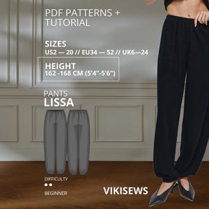 Könnte beinhalten: Ein digitales PDF-Schnittmuster für die Lissa-Hose von Vikisews. Das Bild zeigt eine schwarze, locker sitzende Hose, eine technische Strichzeichnung der Hose und Text mit den Größen US 2-20, EU 34-52, UK 6-24 und einer Körpergröße von 162-168 cm.