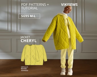 Puede incluir: Una chaqueta acolchada color chartreuse con patrón de diamantes, mangas largas y cuello redondo. La imagen incluye el texto: PDF PATTERNS + TUTORIAL, VIKISEWS, SIZES M-L, JACKET CHERYL, DIFFICULTY ADVANCED, junto a un dibujo técnico de la prenda.