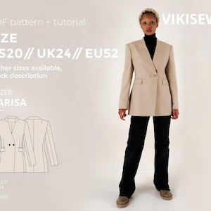 May include: A beige blazer with a double-breasted design, worn with black trousers. The image includes text indicating the blazer pattern is available in size UK24. The difficulty level is advanced.