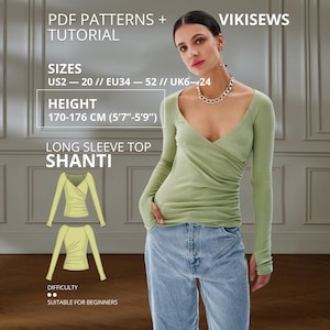 Shanti top met lange mouwen, lengte 170-176 cm, Amerikaanse maten 2-20, naaipatroon voor top met vingermouwen inclusief tutorial, off-the-shoulder top patroon