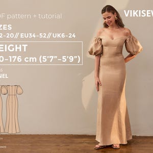 Ninel Dress pdf Sewing Pattern EU 34-52 UK 6-24 US 2-20| Dress Sewing Pattern Puff Sleeve Dress Pattern Hook and Eye Dress Height 170-176 cm