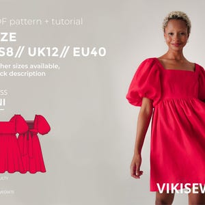 May include: A bright red dress with a square neckline and puffed sleeves. The image includes a diagram of the dress and text indicating it is a PDF pattern with a tutorial. The size is US8, UK12, and EU40. The difficulty level is intermediate.