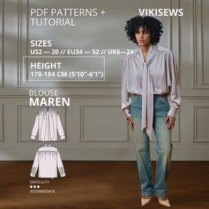 Può includere: Una camicetta a maniche lunghe color lavanda chiaro con scollo a fiocco e polsini abbottonati, abbinata a jeans azzurri. L'immagine include testo per cartamodelli PDF, tutorial, taglie US 2-20, altezza 178-184 cm e il nome Maren.
