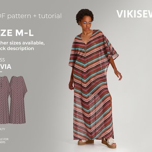May include: A woman models a long, flowing dress with a chevron pattern in shades of red, brown, and teal. The dress has a V-neck and short sleeves. The image includes text that says "PDF pattern + tutorial", "SIZE M-L", and "DRESS NEVIA".