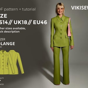 May include: A woman wearing a lime green blazer and matching pantsuit, holding a pink purse. The image includes a diagram of the blazer and text that reads "PDF pattern + tutorial", "SIZE US14 // UK18 // EU46", and "BLAZER SOLANGE".