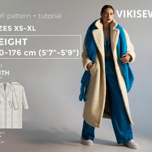 May include: A cream-colored, long coat with a blue scarf and pants. The coat is labeled "FAITH" and is designed for heights between 5'7" and 5'9". The pattern is for sizes XS-XL and is an advanced difficulty level. The brand is VIKISEWS.