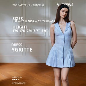 May include: A light blue sleeveless dress with a collared V-neckline, a button-down front, and a pleated skirt. Text on the image includes PDF PATTERNS + TUTORIAL, VIKISEWS, SIZES US2-20, EU34-52, UK6-24, HEIGHT 170-176 CM (5'7"-5'9"), DRESS YGRITTE.