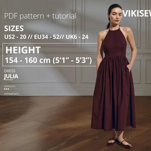 Puede incluir: Vestido burdeos con cuello halter y bolsillos, parte de un patrón PDF y tutorial. El vestido, llamado Julia, está diseñado para alturas entre 154-160 cm (5'1" - 5'3"). Dificultad intermedia. Tallas US2-20 y UK6-24.