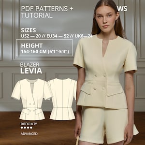 May include: A pale yellow short-sleeved blazer with a double-breasted front, a notched neckline, and two flap pockets. The image includes text: PDF PATTERNS + TUTORIAL, SIZES US2-20, HEIGHT 154-160 CM (5'1"-5'3"), BLAZER LEVIA, and DIFFICULTY ADVANCED.
