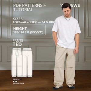 May include: A digital sewing pattern for Ted pants, featuring a white t-shirt and beige trousers. Text includes PDF PATTERNS + TUTORIAL, SIZES US28-44, HEIGHT 170-176 CM (5'5"-5'7"), PANTS TED, and DIFFICULTY INTERMEDIATE with three dots.