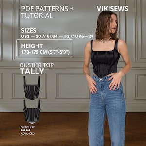 May include: A black bustier top with a square neckline and vertical seam detailing. The text reads: PDF PATTERNS + TUTORIAL, VIKISEWS, SIZES US2-20, EU34-52, UK6-24, HEIGHT 170-176 CM (5'7"-5'9"), BUSTIER TOP TALLY, DIFFICULTY ADVANCED.