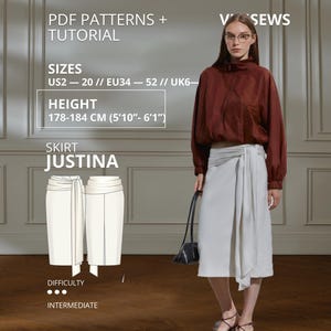 Peut inclure: Un patron de couture PDF et tutoriel pour la jupe Justina, présentant une jupe portefeuille blanche avec un détail noué sur le devant. L'image inclut du texte détaillant les tailles US 2-20, EU 34-52, UK 6-24 et une hauteur de 178-184 cm, avec un schéma.