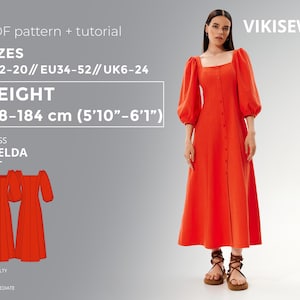 Imelda Dress PDF sewing pattern with tutorial, size EU34-EU52 for 178-184 cm height