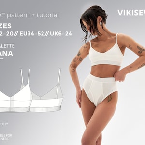 Könnte beinhalten: Weißes Bralette und hoch tailliertes Unterwäsche-Set. Das Bild enthält eine Strichzeichnung des Bralettes und den Text "PDF pattern + tutorial", "GRÖSSEN EU34-52", "BRALETTE HANA" und "SUITABLE FOR BEGINNERS". Eine Person trägt das Set.