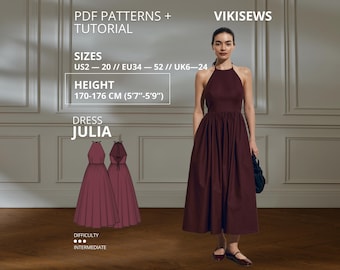Julia jurk naaipatroon pdf EU 34-52 UK 6-24 US 2-20 | Jurk naaipatroon V-vormige rug met open rug en geplooide rok Lengte 170-176 cm