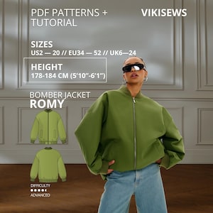 Puede incluir: Un patrón en PDF y tutorial para la chaqueta bomber Romy de Vikisews. La chaqueta es de color verde oliva con cremallera frontal, puños y dobladillo acanalados. El texto incluye PDF PATTERNS + TUTORIAL, VIKISEWS, SIZES US2-20, HEIGHT 178-184 CM, BOMBER JACKET ROMY.