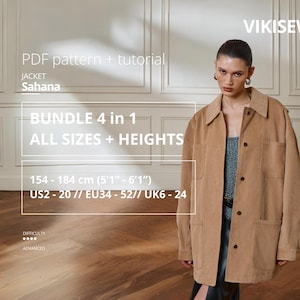 May include: A tan jacket with large pockets and button closures. The image includes text that reads "PDF pattern + tutorial" and "Sahana." The text also indicates the pattern is for all sizes and heights, ranging from 5'1" to 6'1". The difficulty level is advanced.