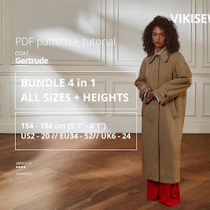 Op de afbeelding: Een vrouw draagt een lange, bruine jas met kraag en geknoopte mouwen, gecombineerd met een rode broek. De afbeelding bevat tekst: "PDF pattern + tutorial COAT Gertrude" en maatvoering in cm.