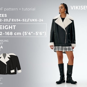 May include: A black shearling jacket with a white faux fur collar and cuffs. The jacket is part of the EIZA pattern, with sizes US2-20 and a height of 5'4"-5'6". The difficulty level is advanced.