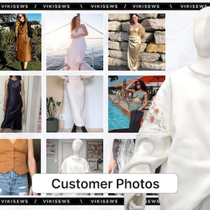 May include: A collage of customer photos featuring various clothing items. The images showcase dresses, tops, and other apparel. The text "Customer Photos" is displayed in a white rectangle at the bottom of the image. The brand name "VIKISEWS" is displayed at the top and bottom of the image.