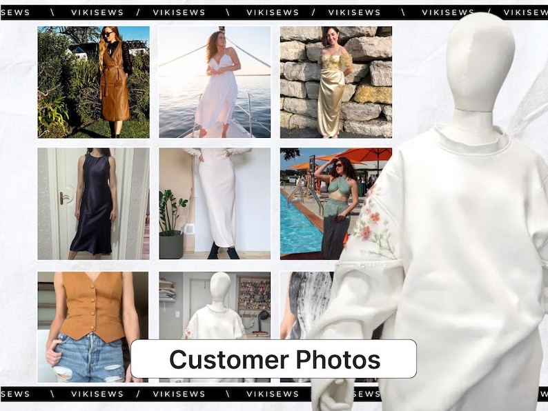 May include: A collage of customer photos featuring various clothing items. The images showcase dresses, tops, and other apparel. The text "Customer Photos" is displayed in a white rectangle at the bottom of the image. The brand name "VIKISEWS" is displayed at the top and bottom of the image.