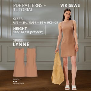 May include: A beige sleeveless mini dress with a round neckline. Text on the image includes PDF PATTERNS + TUTORIAL, VIKISEWS, SIZES US2-20, HEIGHT 170-176 CM (5'7"-5'9"), DRESS LYNNE, and DIFFICULTY INTERMEDIATE. A technical drawing of the dress is shown.
