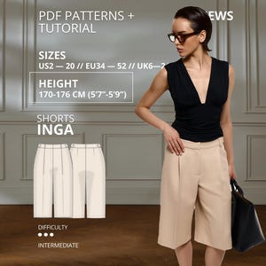 Inga Shorts Symönster PDF Skräddarsydda shortsmönster Shorts med låg midja Mönster för shorts med vida ben Eleganta shorts EU 34–52 Höjd 170-176 cm