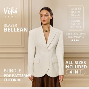 Op de afbeelding: Een vrouw draagt een crèmekleurige blazer met een enkele knoopsluiting. De afbeelding bevat de tekst "Viki SEWS BLAZER BELLEAN" en "BUNDLE PDF PATTERNS + TUTORIAL". De moeilijkheidsgraad is gemiddeld. De lengte is 154-184 cm.