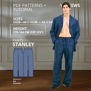 May include: A navy blue blazer and matching drawstring trousers set. Text includes PDF PATTERNS + TUTORIAL, SIZES US28-44, HEIGHT 178-184 CM (5'8"-5'9"), PANTS STANLEY, and DIFFICULTY BEGINNER. The outfit is shown on a model with a bare chest.