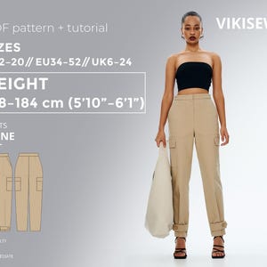 Könnte beinhalten: Eine Frau trägt ein schwarzes Oberteil und eine beigefarbene Cargohose. Das Bild enthält Text: "PDF pattern + tutorial", "SIZES US2-20", "HEIGHT 178-184 cm (5'10"-6'1")", und "PANTS ANNE". Der Markenname "VIKISEWS" ist ebenfalls sichtbar.