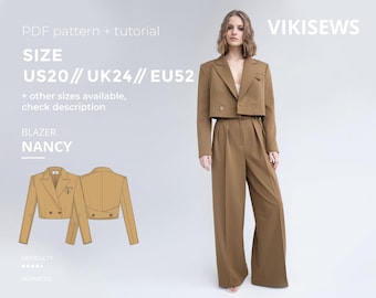 Nancy Blazer Sewing Pattern US 20 UK 24 EU 52 | Cropped Women’s Blazer Double-Breasted Jacket Pattern Blazer pdf Pattern Waistcoat Pattern