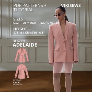 Adelaide Blazer PDF sewing pattern with tutorial, size EU34-EU52 for 178-184 cm height
