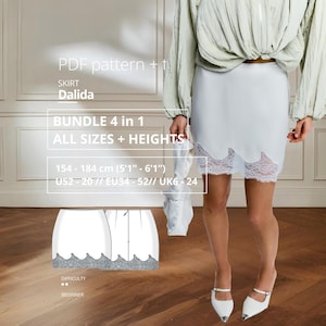 Dalida Skirt Sewing Pattern Bundle Lace Trim Mini Skirt Pattern Satin Slip Skirt Sewing Pattern Women's Skirt PDF EU 34–52 Height 154-160 cm