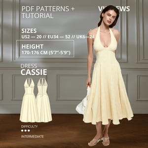 May include: A pale yellow midi dress with a halter neckline and a flared skirt. The image includes text: PDF PATTERNS + TUTORIAL, SIZES US2-20, EU34-52, UK6-24, HEIGHT 170-176 CM (5'7"-5'9"), DRESS CASSIE, DIFFICULTY INTERMEDIATE, and a line drawing.