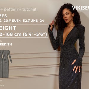 Meredith Dress pdf Sewing Pattern EU 34-52 UK 6-24 US 2-20| Dress Sewing Pattern Ruched Knit Dress with V-Neck Thumbhole Sleeves 162-168 cm