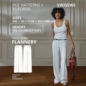Könnte beinhalten: Ein digitales Schnittmuster für die Flannery-Hose von Vikisews, bestehend aus einem weißen Tanktop und einer weißen Hose mit weitem Bein. Der Text umfasst PDF PATTERNS + TUTORIAL, SIZES US2-20, HEIGHT 170-176 CM, TROUSERS FLANNERY und DIFFICULTY INTERMEDIATE.