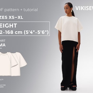 Peut inclure: Une femme porte un t-shirt crème et une jupe noire fendue. L'image contient le texte : "PDF pattern + tutorial", "SIZES XS-XL", "HEIGHT 162-168 cm (5'4"-5'6")", "T-SHIRT ILMA", et "SUITABLE FOR BEGINNERS".