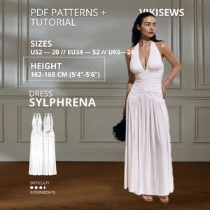 Sylphrena Dress pdf Sewing Pattern Open Back Maxi Dress Deep V Neck Knit Dress Elegant Gathered Dress EU 34-52 US 2-20 Height 162-168 cm