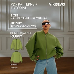 Romy Bomber Jacket PDF Sewing Pattern XS-XL | Bomber pdf pattern pdf Varsity Jacket Sport Jacket Pattern Pockets and Zipper Height 162-168