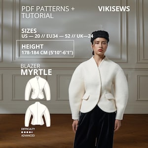 Myrtle Blazer Sewing Pattern EU34–52|Digital Blazer Pattern Waistcoat Sewing Pattern Women Blazer Pattern Voluminous Sleeve Height 178–184cm