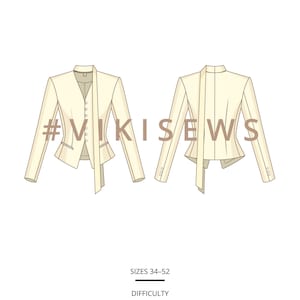 Pode incluir: Um desenho t&eacute;cnico de um blazer cor de creme mostrado de frente e de costas, com gola alta, mangas compridas com bot&otilde;es e uma longa tira de tecido. O texto MINERVA, #VIKISEWS, SIZES 34-52 e DIFFICULTY ADVANCED &eacute; vis&iacute;vel.