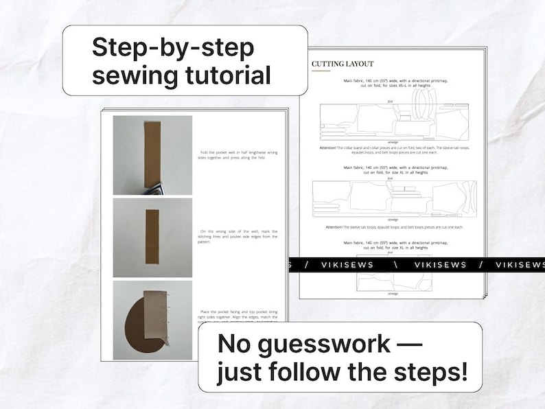 Pode incluir: Um documento de tutorial de costura digital apresentando um guia passo a passo com instru&ccedil;&otilde;es fotogr&aacute;ficas para a constru&ccedil;&atilde;o de bolsos e um diagrama detalhado de layout de corte. O documento inclui o texto Step-by-step sewing tutorial e No guesswork &mdash; just follow the steps! com a marca VIKISEWS vis&iacute;vel.