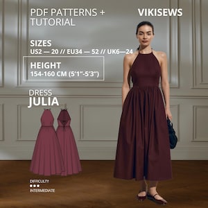 Julia Dress pdf Sewing Pattern EU 34-52 UK 6-24 US 2-20| Dress Sewing Pattern V-Back Dress with Open Back & Gathered Skirt Height 154-160 cm