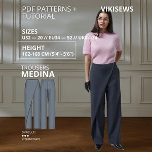 Puede incluir: Un patrón de costura en PDF para los pantalones Medina de Vikisews, con un diseño cruzado. El texto incluye tallas para EE. UU. 2-20, UE 34-52, Reino Unido 6-24 y una altura de 162-168 cm. Una ilustración técnica muestra las vistas frontal y trasera.