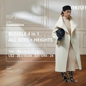 May include: A woman wearing a cream-colored coat, a black hat, and patterned boots. The coat has a wide collar and is knee-length. Text on the image reads "PDF pattern + tutorial COAT Gwendoline" and "BUNDLE 4 in 1 ALL SIZES + HEIGHTS". Measurements are listed as 5'1" - 6'1".