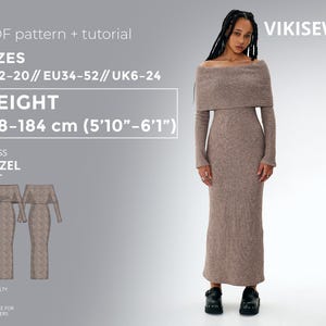 Hazel Dress pdf Sewing Pattern EU 34-52 UK 6-24 US 2-20| Dress Sewing Pattern Off-Shoulder Knit Dress  Ankle-Length Dress Height 178-184 cm