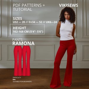 May include: A white sleeveless mock neck top and red flared trousers. Text includes PDF PATTERNS + TUTORIAL, VIKISEWS, SIZES US2-20, EU34-52, UK6-24, HEIGHT 162-168 CM (5'4"-5'6"), PANTS RAMONA, DIFFICULTY, and SUITABLE FOR BEGINNERS.