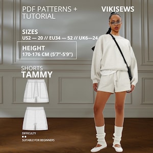 Può includere: Un cartamodello PDF e tutorial per gli shorts Tammy di Vikisews. L'immagine mostra una felpa a maniche lunghe di colore chiaro e shorts abbinati, con testo che indica le taglie US 2-20, EU 34-52, UK 6-24 e un'altezza di 170-176 cm.